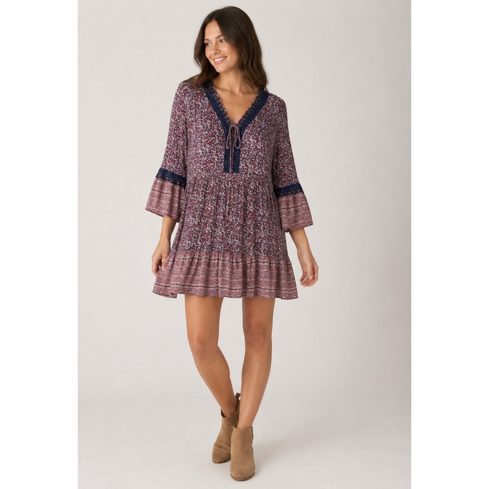 Knox Rose Country Dress Womens Small Red Blue Rayon Floral Tie‎ Bust Boho Hippie